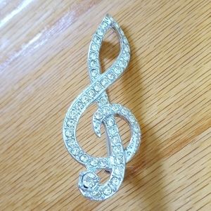 🎵 Vintage crystal rhinestone treble cleft music note silver tone brooch